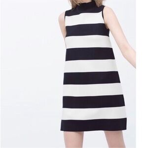 Zara Knit Striped Dress Navy Cream Scuba fabric mock neck sleeveless classic M